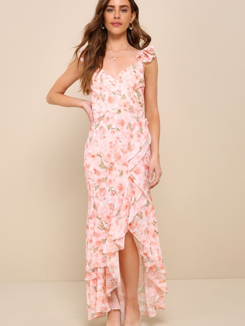 Lulus Darling Glow Peach Pink Floral Ruffled High-Low Maxi Dress - Picture 4 of 4
